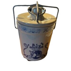 Vintage Stoneware Pottery Andersen’s Restaurant Pea Soup Crock w/ Wire Latch